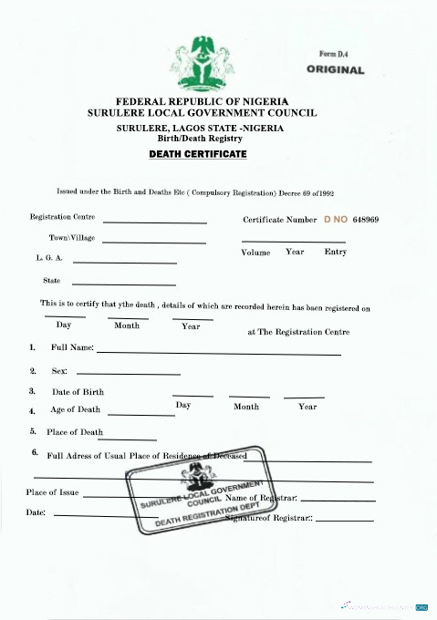 Download Nigeria Sugulere local government council death certificate Photoshop template